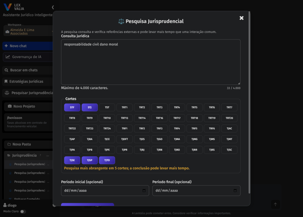 Tela de configuração de uma pesquisa jurisprudencial